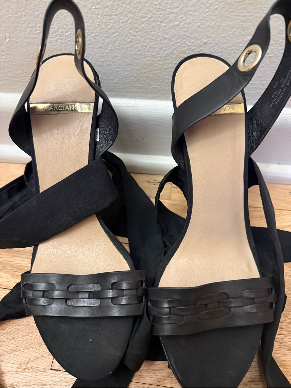 Marciano Black Leather & Suede Chain-Detail Slingback Heels